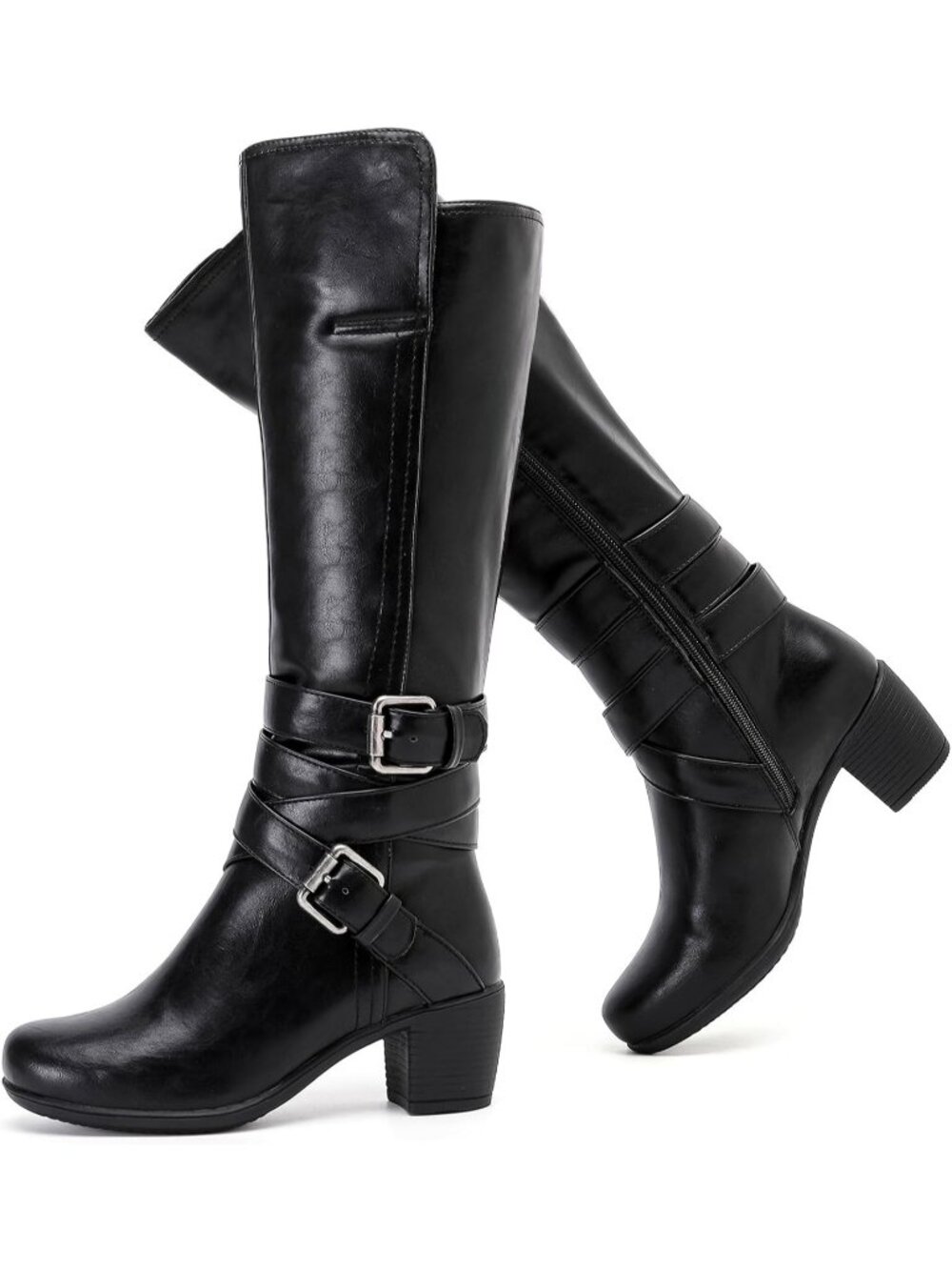 Women's Black Chunky Heel Casual Versatile Side Zipper Round Toe Knee High Boots